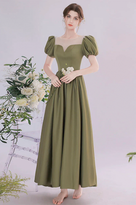 A-line Green Satin Tea Length Prom Dress, Green Long Formal Dress