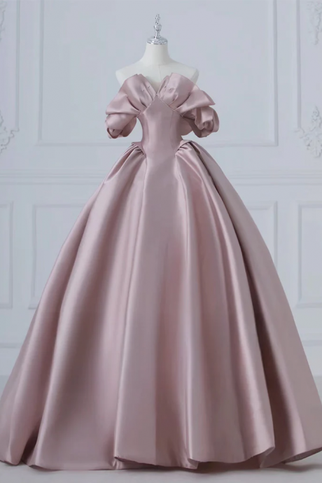 A-line Pink Satin Long Prom Dress, Pink Long Evening Dress