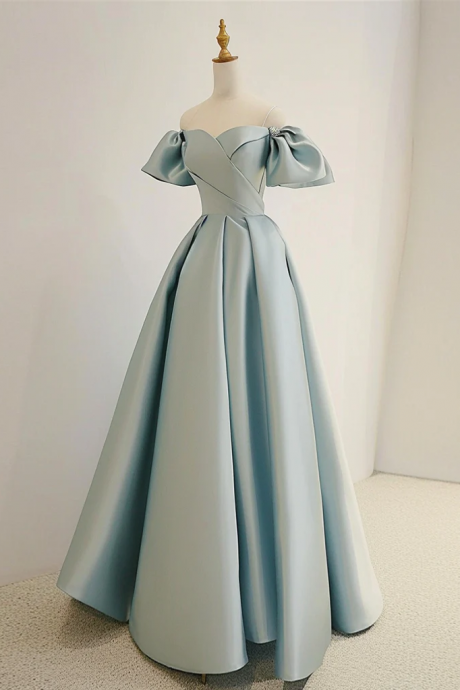 A-line Sweetheart Neck Satin Blue Long Prom Dress, Blue Long Formal Dress
