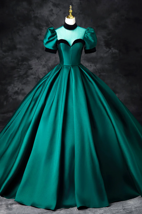 Green Satin Floor Length See-through Ball Gown, Elegant High Neck Formal Evening Dress
