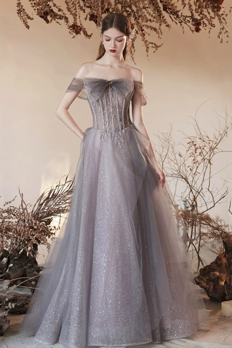Gray Tulle Beaded Long Prom Dress, Beautiful Off The Shoulder Evening Party Dress