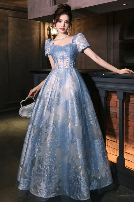 Blue Tulle Long Prom Dress, Beautiful A-line Evening Party Dress