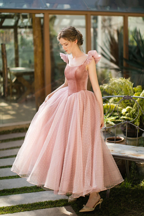 Retro Pink Velvet Tulle Tea Length Prom Dresses, A-line U-neck Short Sleeve Princess Party Dresses