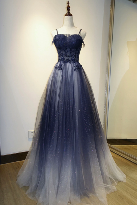 Spaghetti Strap Party Dress,gradient Navy Blue Prom Dress,fairy Evening Dress