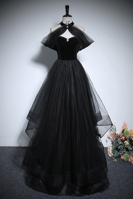 A-line Tulle Black Long Prom Dress Formal Dress