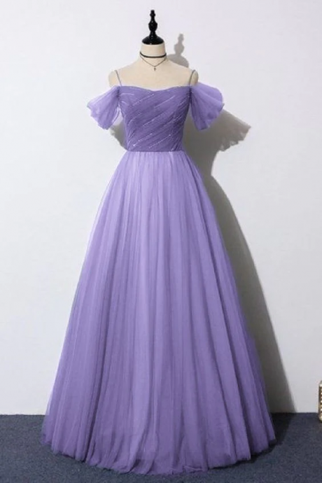 A-line Tulle Purple Long Prom Dress Fairy Formal Dress Off Shoulder Evening Dress