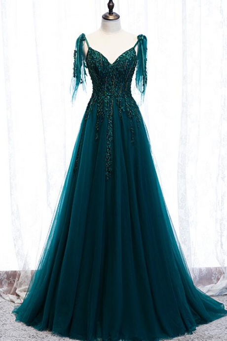 Peacock Blue Pretty Prom Dress, Spaghetti Strap Evening Dress Formal Wedding Guest Dress