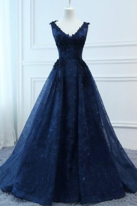 Navy Blue V-neckline Lace Long Party Dress With Flowers, Blue V-neckline Prom Dress 