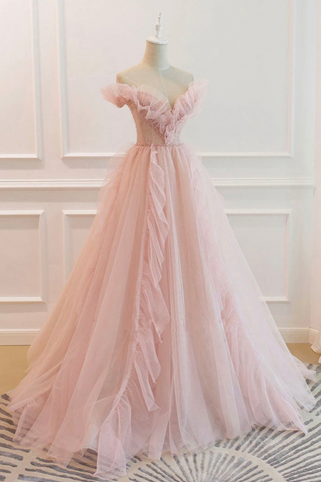 Pink Tulle Strapless Long Prom Dress A Line Evening Dress