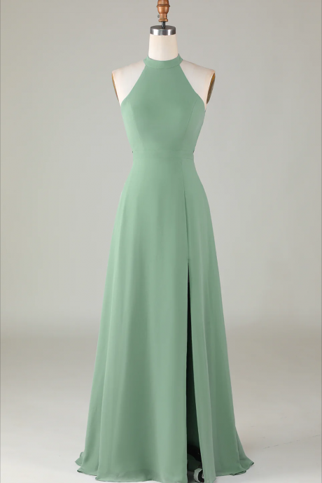 Mint Green Prom Dresses, A-line Halter Open Back Matcha Bridesmaid Dress With Split Front