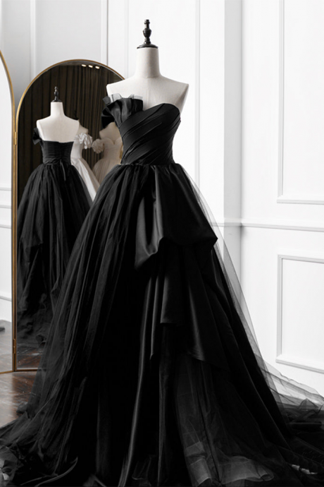 A-line Satin Black Long Prom Dress Formal Dress Strapless Evening Dress