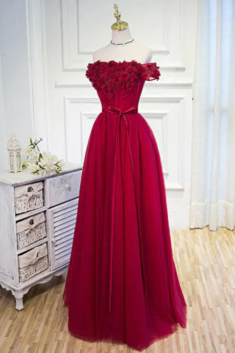 Burgundy Off The Shoulder Dress Floor Length Prom Dress With Hand Made Flowers Belt
