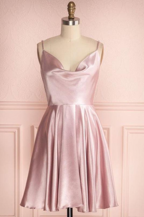 Pink Princess Party Dress Satin Ruffles Sleeveless Spaghetti Straps Short/mini Homecoming Dress