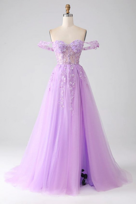 Light Purple A-line Off The Shoulder Beaded Corset Prom Dress