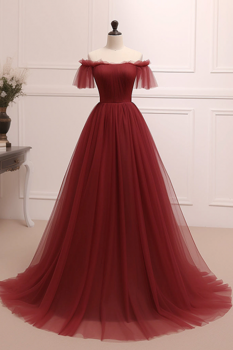 Off Shoulder Tulle Long Prom Dress Burgundy Long Formal Evening Dress