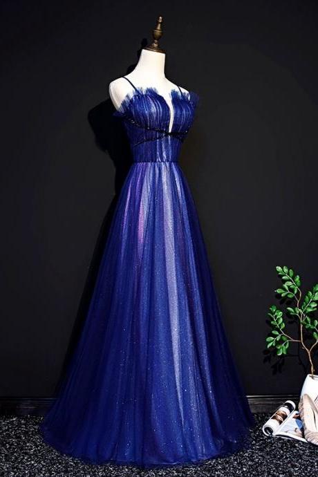 Navy Blue Spaghetti Strap Party Dress Glitter Prom Dress