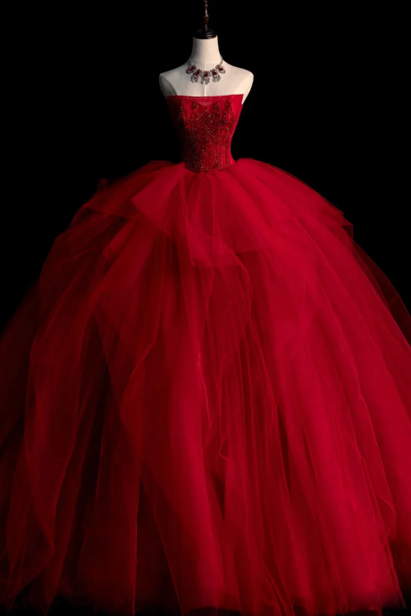 Strapless Tulle Red Long Prom Dress Formal Long Ball Gown Luxury Evening Dress With Handmade Bead