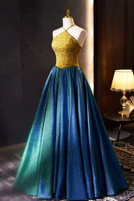 Halter Neck Jacquard Prom Dress Yellow And Blue Unique Party Dress Luxury Evening Dress