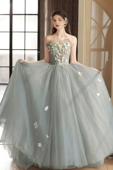 Gray Tulle Strapless Long Prom Dress, Cute A-line Sweetheart Neck Party Dress
