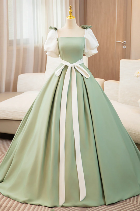 White And Green Satin Long Prom Dress, A-line Short Sleeve Evening Party Dress