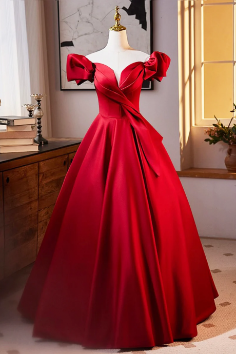 Burgundy Satin Long Prom Dress, Off The Shoulder A-line Formal Evening Dress
