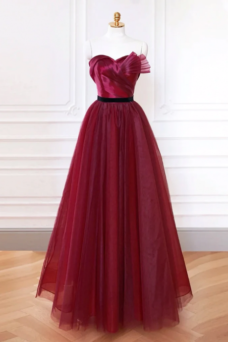 A-line Sweetheart Neck Tulle Burgundy Long Prom Dress, Burgundy Long Formal Dress