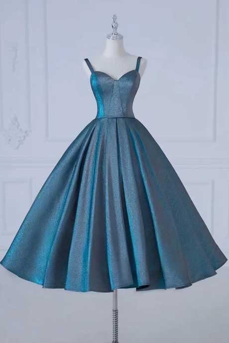 A-line Sweetheart Neck Satin Tea Length Blue Prom Dress, Blue Formal Dress