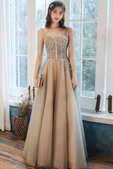 Champagne Sweetheart Tulle Long Prom Dress Tulle Spaghetti Strap Bridesmaid Dress