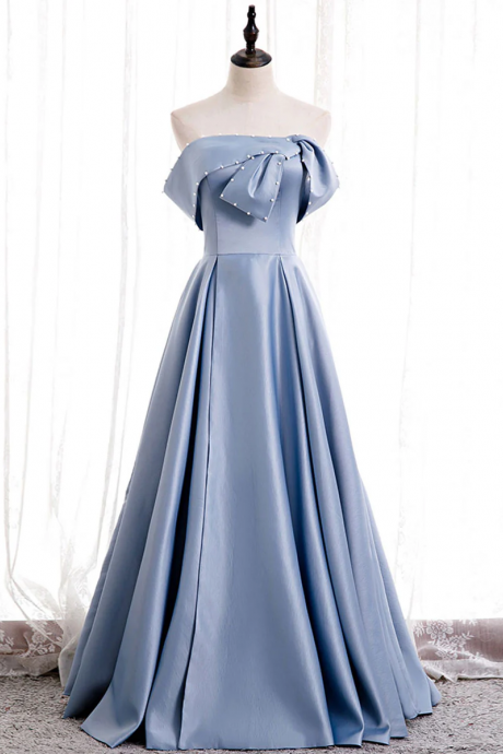 Blue Satin Of Shoulder Long Prom Dress Blue Bridesmaid Dress