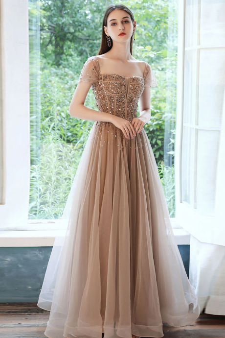 Luxury Off Shoulder Party Dress Champagne Tulle Sequin Beads Long Prom Dress Champagne Evening Dress
