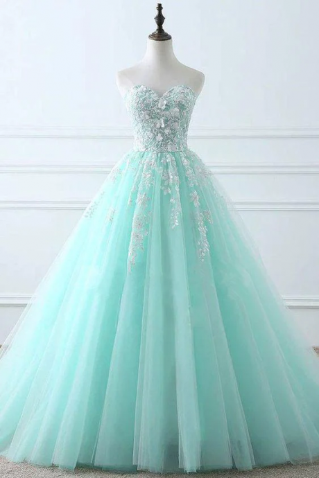 Tiffany Blue Sweetheart Puffy Tulle Prom Dress With Lace Appliques Strapless Long Graduation Dress