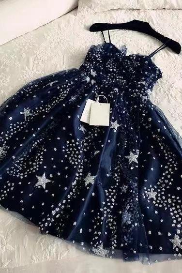 Spaghetti Strap Birthday Dress Cute Party Dress Navy Blue Gitter Homecoming Dress