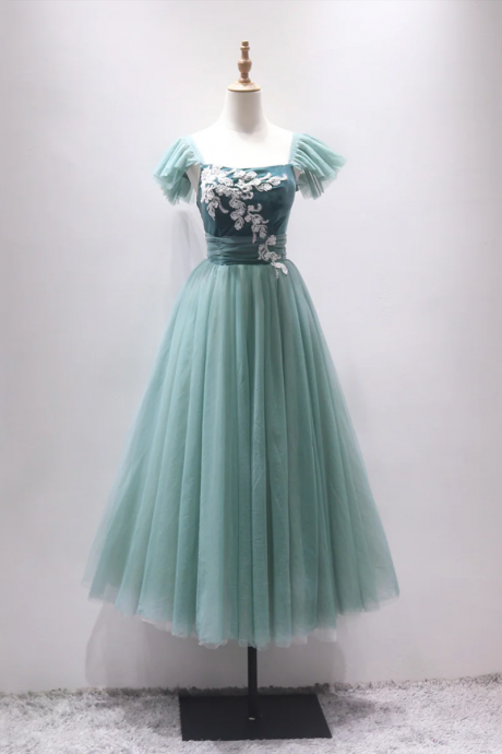 Green Velvet Tulle Tea Length Prom Dress, Cute A-line Party Dress With Lace