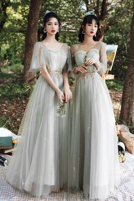 Grey Lace Long Prom Dresses, A-line Evening Dresses