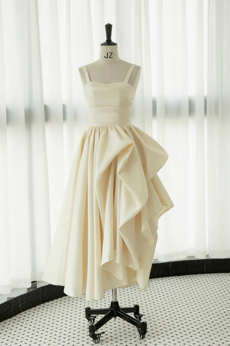 Irregular Champagne Tea Length Prom Dress, Simple A-line Evening Party Dress