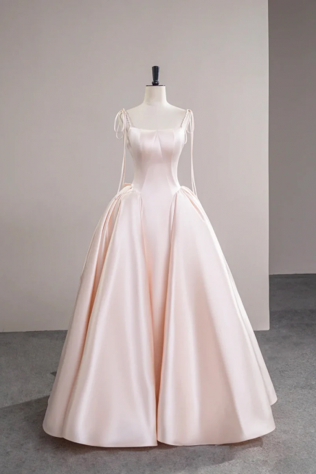 Light Pink Satin Spaghetti Strap Long Prom Dress, Beautiful A-line Evening Dress With Bow