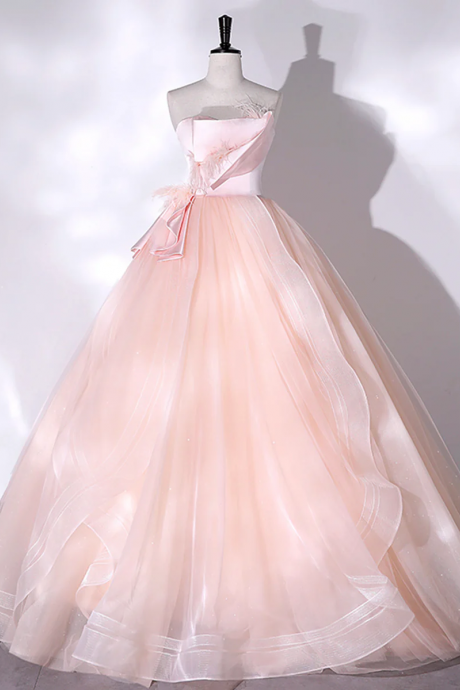 Pink Strapless Tulle Long Formal Dress, Lovely Ball Gown Formal Evening Dress With Feathers