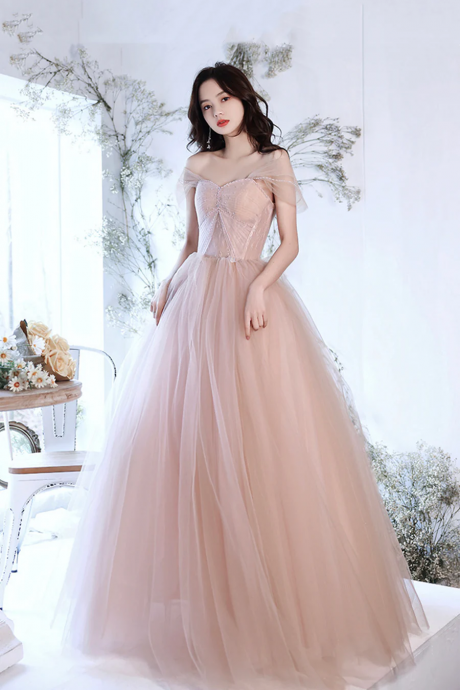 Pink Tulle Lace Long Formal Dresses, A-line Evening Dresses