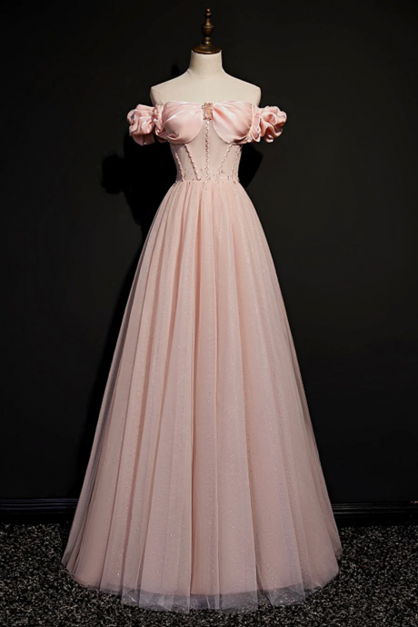Pink Tulle Off The Shoulder Prom Dress, Beautiful A-line Evening Dress
