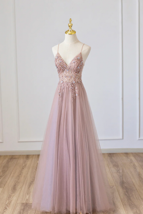 Pink V-neck Tulle Long Prom Dress With Beaded, Pink Spaghetti Strap Evening Dress