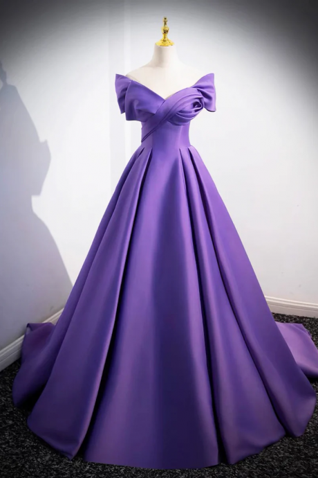 Purple Satin Long A-line Prom Dress, Lovely Off Shoulder Formal Evening Dress
