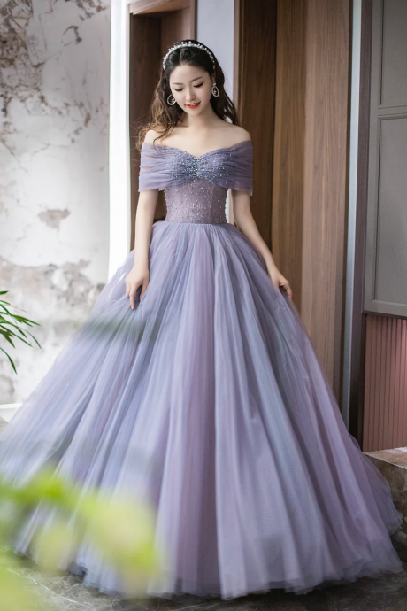 Purple Tulle Beaded Floor Length Prom Dress, Off Shoulder A-line Evening Dress