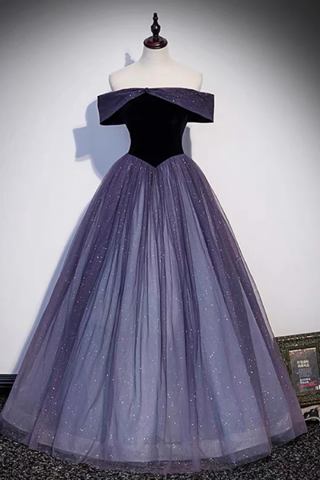 Purple Velvet Tulle Long Prom Dresses, A-line Off The Shoulder Evening Dresses
