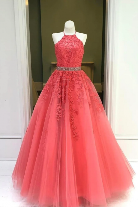Pink Tulle Long A-line Prom Dress, Off The Shoulder Evening Dress