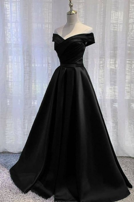 Black Satin Formal Dress Long A-line Prom Dress, Off The Shoulder Evening Dress