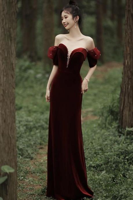 Burgundy Velvet Long Mermaid Prom Dress, Elegant Evening Dress