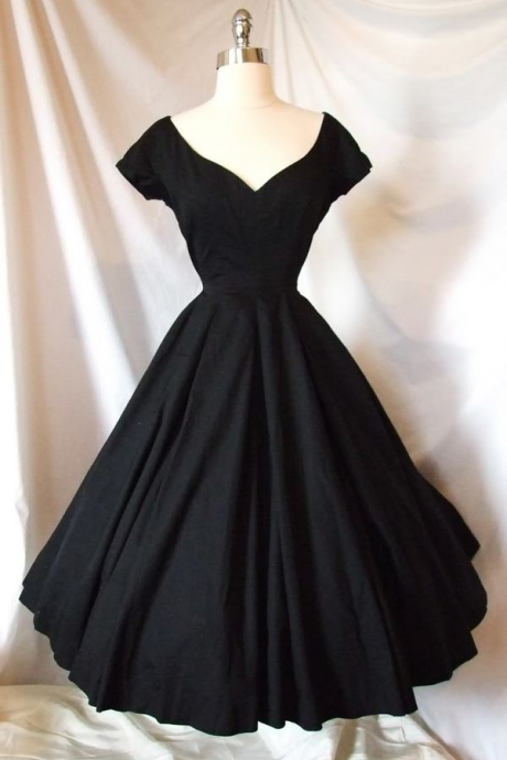 Black Satin Long A-line Prom Dress, Little Black V-neck Party Dress