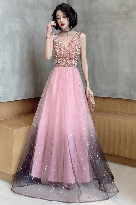 Pink Tulle Long A-line Prom Dress,shiny V-neck Party Dress