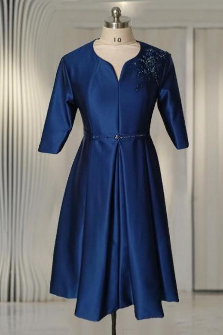 Royal Blue Satin Midi A-line Prom Dress,formal V-neck Party Dress Wedding Guest Dress