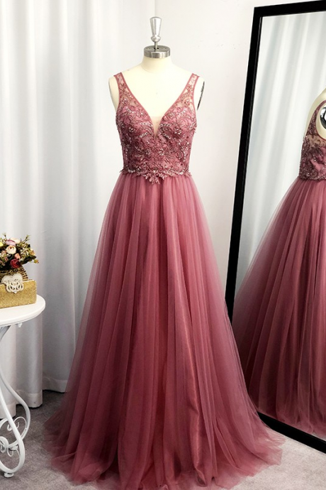 Sexu A-line Tulle Lace V-neckline Formal Prom Dress, Beautiful Long Prom Dress, Banquet Party Dress
